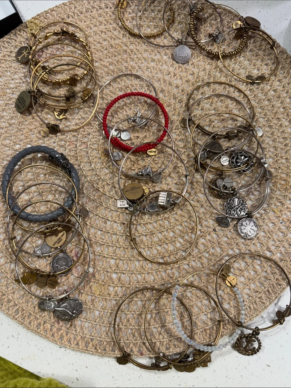 Alex and Ani Mixed Metal Stackable Charm Bangles with Red Accent